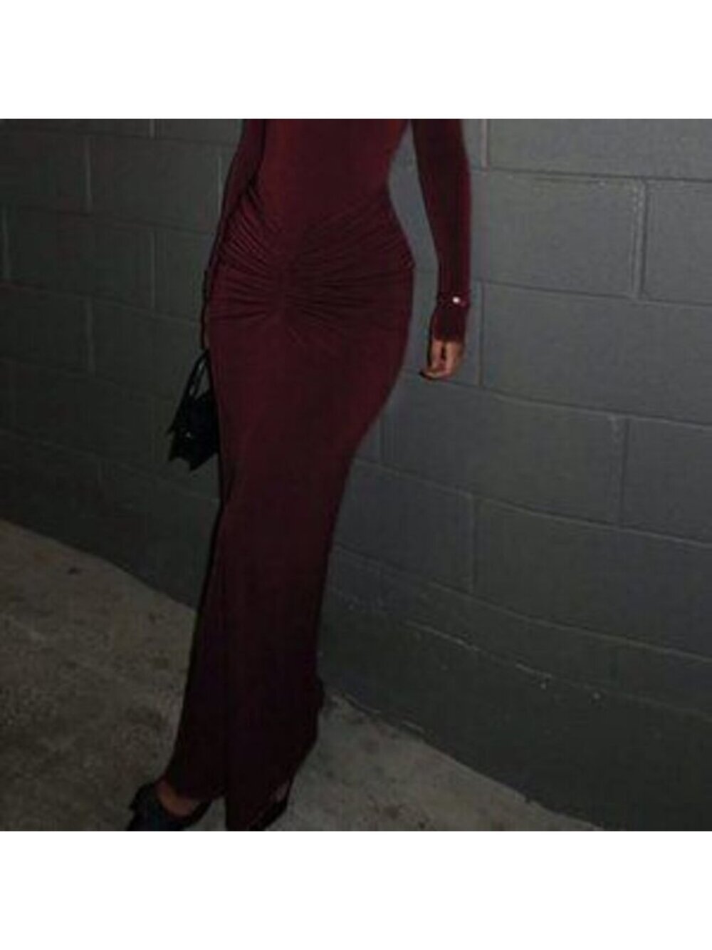Burgundy Elegant Women's Fitted Crew Neck Long Sleeve Ruffle Hem Dress - Picture 3 of 4